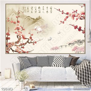 Tranh chú chim trắng bên cành đào nở rộ in uv