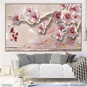 Tranh cành đào tết phủ đầy hoa