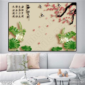 Tranh cành đào khoe sắc trên hồ sen in canvas