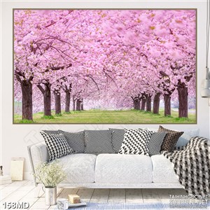 Tranh những hàng hoa đào nở rộ hai bên đường 3d