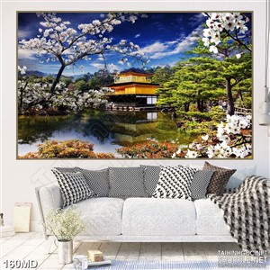 Tranh psd vườn đào trắng bên hồ nước đón xuân