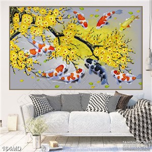Tranh đàn cá koi dưới cành mai vàng in canvas