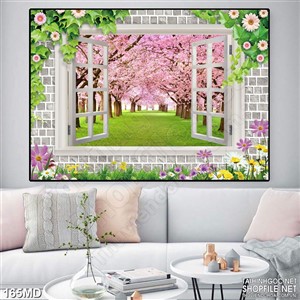 Tranh rừng đào nhìn qua cửa sổ 3d