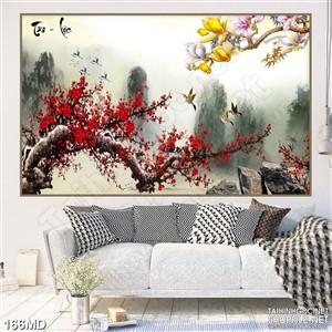 Tranh psd những cành đào già đỏ rực trên đỉnh núi