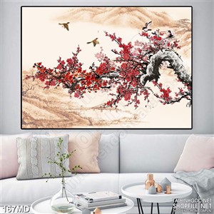 Tranh in uv cánh chim trên ngọn múi đầy hoa đào