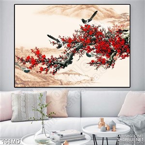 Tranh đàn chim trên cành đào khoe sắc đỏ psd