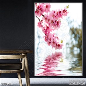 Tranh 3d cành hoa đào khoe sắc hồng trên hồ