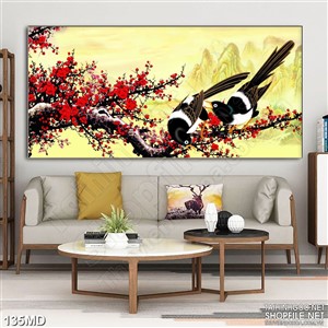 Tranh psd đôi chim non trên cành đào trang trí