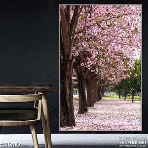 Tranh psd rừng đào hoa nổ rộ đón xuân