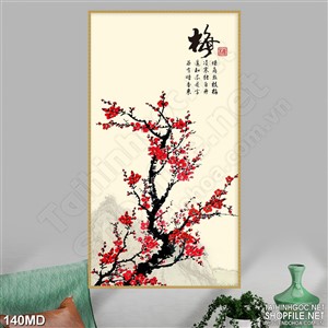 Tranh cành đào nở rộ sắc đỏ rực rỡ in uv