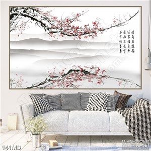 Tranh cành đào phản chiếu trên mặt hồ in canvas