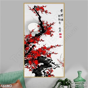 Tranh psd cành đào đỏ rực đón xuân