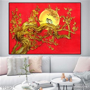 Tranh in uv cành mai vàng bên ánh trăng tròn