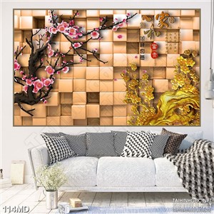 Tranh 3d cành đào thắm trên bức tường ô vuông