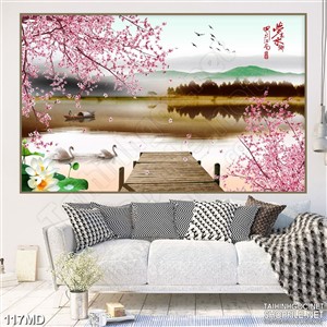 Tranh cành đào khoe sắc trên cây cầu in canvas