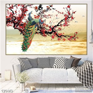 Tranh psd chim công trên cành đào đón xuân