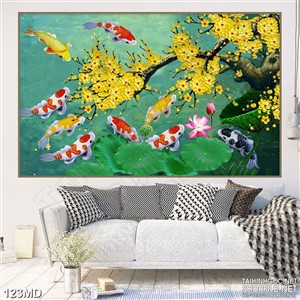 Tranh cành mai vàng và hồ cá koi psd nghệ thuật