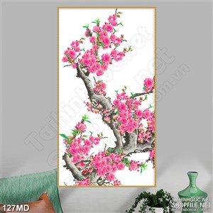 Tranh psd cành đào khoe sắc hồng trang trí