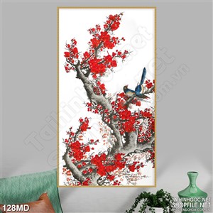 Tranh psd chú chim xanh trên cành đào đón xuân