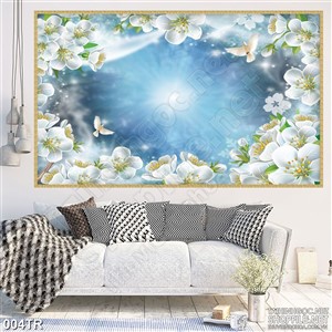 Tranh dán trần phòng ngủ mây trời đầy sắc hoa trắng