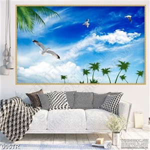 Tranh trần nhà đàn hải âu trên hàng dừa xanh