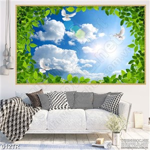 Tranh dán trần đàn bồ câu giữa mây trời