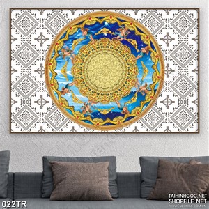 Tranh trần hình tròn vàng với hoa văn tinh sảo 3d