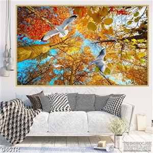 Tranh trần đàn chim trắng dưới tán lá úa vàng 3d