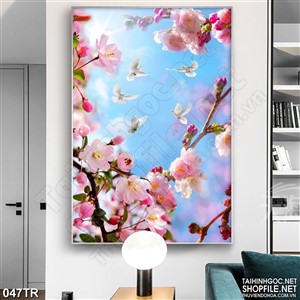 Tranh trần psd anh đào dưới trời xanh