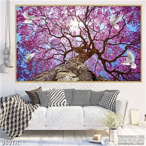 Tranh trần 3d đàn chim dưới tán cây anh đào