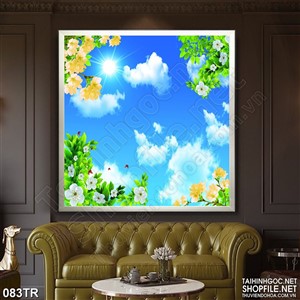 Tranh trần nhà 3d vườn hoa dưới bầu trời xanh