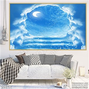 Tranh trần nhà ánh trăng khuyết trên bầu trời xanh