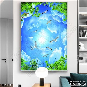 Tranh trần nhà bầu trời xanh và đàn chim psd