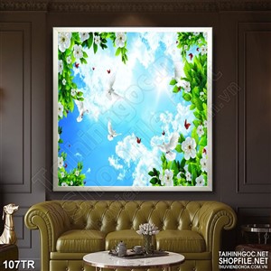 Tranh trần nhà đàn chim trắng bên vườn hoa nở rộ