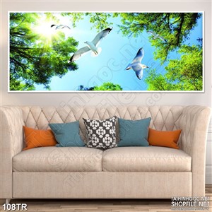 Tranh trần đàn hải âu trắng bên rừng cây xanh 3d