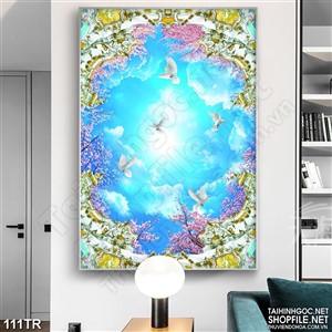 Tranh trần nhà đàn chim trắng và bầu trời xanh in uv