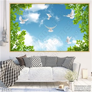 Tranh dán trần đàn chim trắng và những tán cây xanh