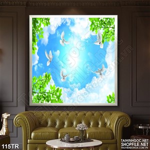 Tranh trần psd đàn chim trắng và những tán cây xanh