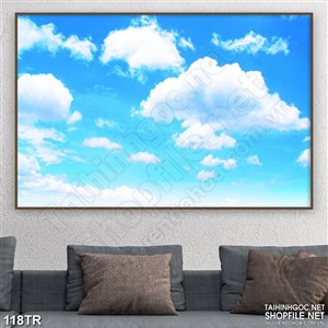 Tranh trần nhà bầu trời xanh đầy mây trắng 3d