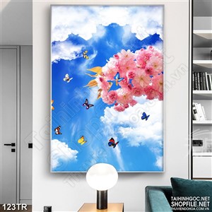 Tranh dán trần phòng ngủ đàn bướm bên rừng hoa in uv