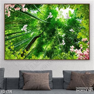 Tranh trần rừng trúc và đàn chim in uv