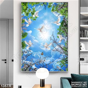 Tranh trần in canvas đàn hải âu bên rừng hoa anh đào