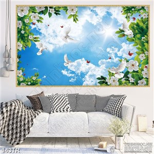 Tranh trần nhà đàn bồ câu trên rừng hoa khoe sắc 3d