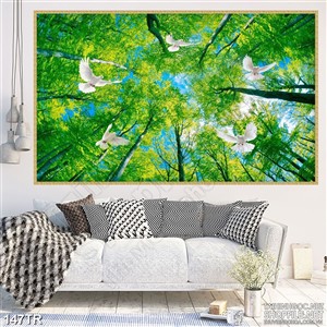 Tranh trần nhà những tán cây xanh trong rừng psd