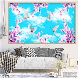 Tranh trần in uv rừng hoa nở rộ bên đàn chim