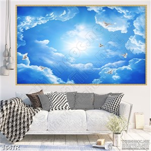 Tranh trần nhà in uv bầu trời xanh cao vút