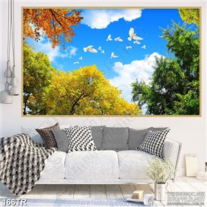 Tranh trần nhà đàn chim trắng trên rừng lá úa vàng