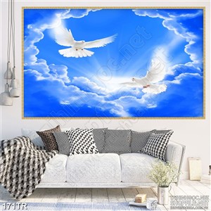 Tranh trần bồ câu tung cánh trên trời xanh in uv