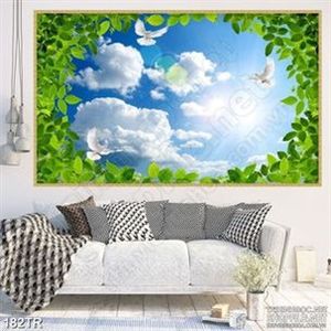 Tranh trần tán cây xanh dưới đám mây trắng