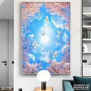 Tranh trần nhà 3d ánh sáng trên vườn đào in uv